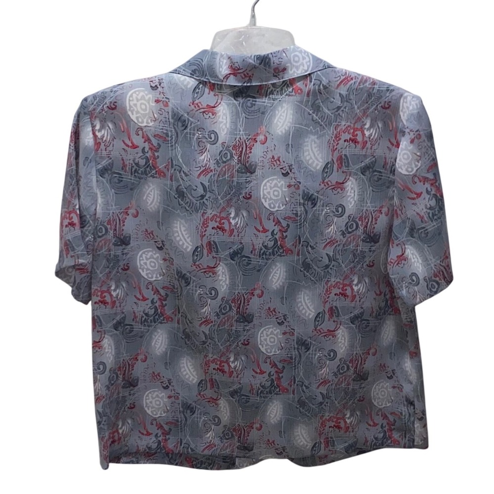 Nikki Vintage Gray Red Abstract Paisley Button Up Blouse Petite 6 Short Slv - Picture 6 of 6